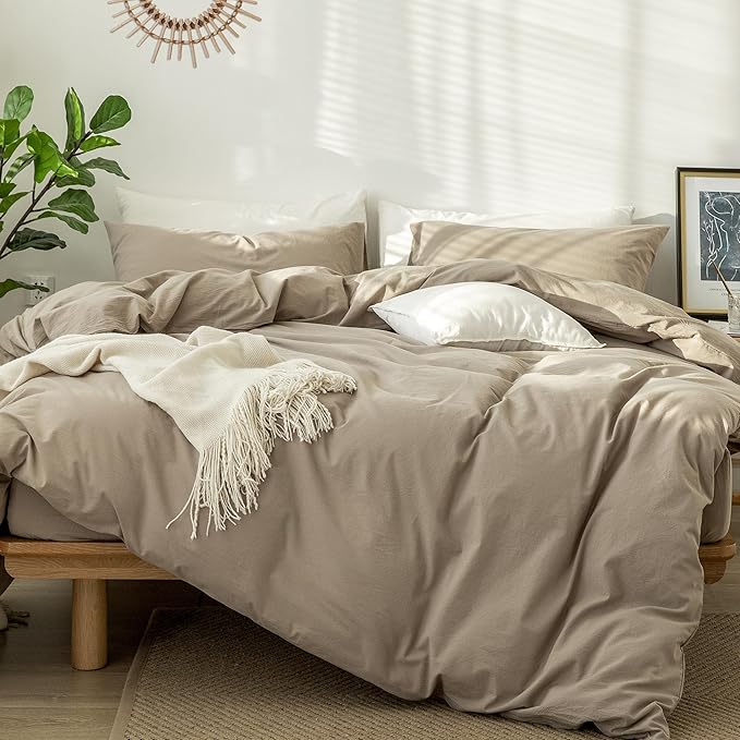 MooMee Bedding Duvet Cover Set 100% Washed Cotton Linen Like Textured Breathable Durable Soft Comfy (Solid Mocha Brown, Super King Plus 120"x120")