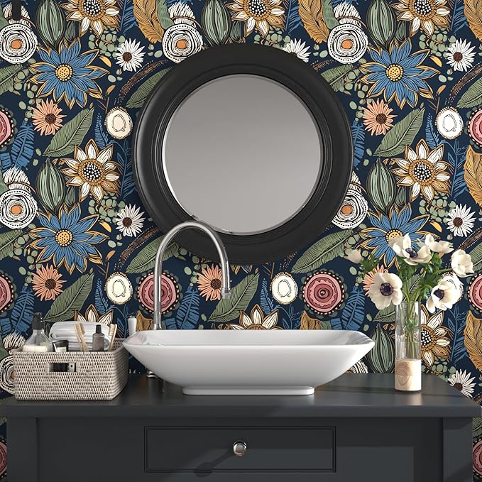 Blue Wallpaper Peel and Stick,Vintage Boho Floral Contact Paper 17.5" x 118", Retro Botanical Flower Wall Paper Self Adhesive Removable Waterproof for Walls Shelves Cabinet Table (Blue,Yellow, Green)