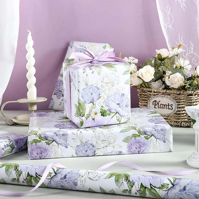 LeZakaa Floral Wrapping Paper Roll, Purple Peonies with Gold Foil Floral Outline Party Gift Wrap for Wedding, Bridal Shower, Anniversary, Mother's Day, Birthday, 17 inches x 16.4 Feet (23.2 sq.ft.)