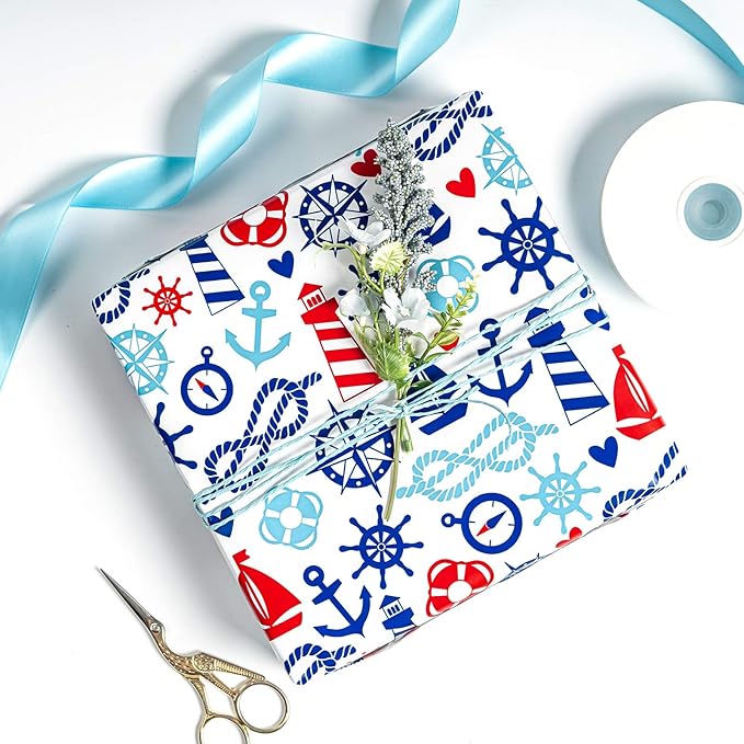 WRAPAHOLIC 30 Inch Nautical Anchors Wrapping Paper Roll - 30 Inch x 33 Feet - Nautical Element Anchor Design Perfect for Birthday, Nautical Beach Decoration, Baby Shower