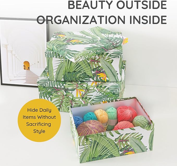 Soul & Lane Decorative Storage Cardboard Boxes with Lids | Tropical Breeze - Set of 3 | Green Jungle Leaves Paperboard Nesting Boxes