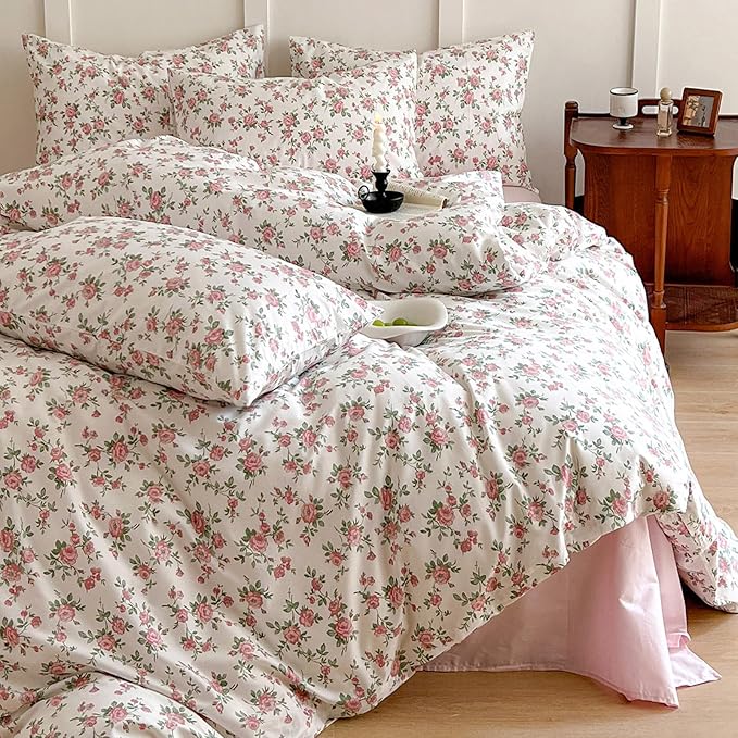 HighBuy Cute Floral Duvet Cover Twin Girl Ultra Soft Cotton Coquette Comforter Cover with Zipper Ties,Garden White Pink Floral Bedding Collection Twin,Extra Soft Floral Bedding Set 3 Piece