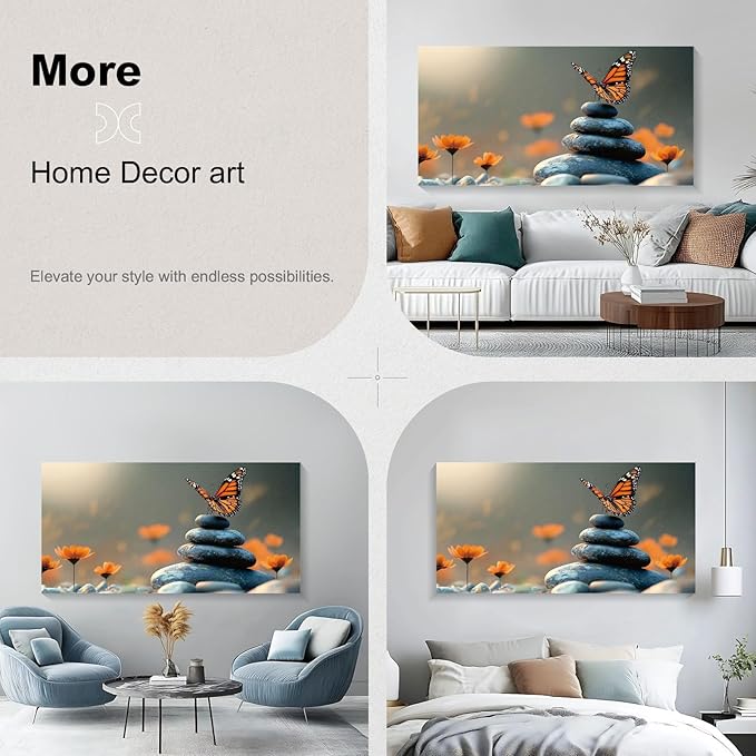 Iallbin Zen Stone Wall Art & Zen Wall Decor, Dark Smooth Rounded Stones Small Star-Shaped Golden-Yellow Flowers-for Yoga Meditation Room, Spa & Bathroom, Orange Monarch butterfly Art Deco Style, 48x24 Inches
