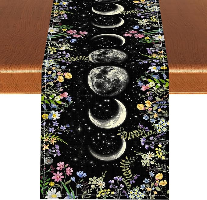 Wild Floral Table Runner, Boho Spring Gothic Moon Phase Wildflower Mystical Witchy Farmhouse Coffee Table Center Decor for Home Kitchen Dining Patio Holiday Party Table Decorations 13x108 inches