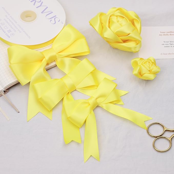 Lemon Yellow Satin Ribbon, Double Faced 1-1/2 Inch X 25 Yards Lemon Yellow Ribbon, Premium Satin Ribbon for Gift Wrapping, Crafts, Hair Bow Making, Sewing, Flower Bouquet, Wedding Party Decor