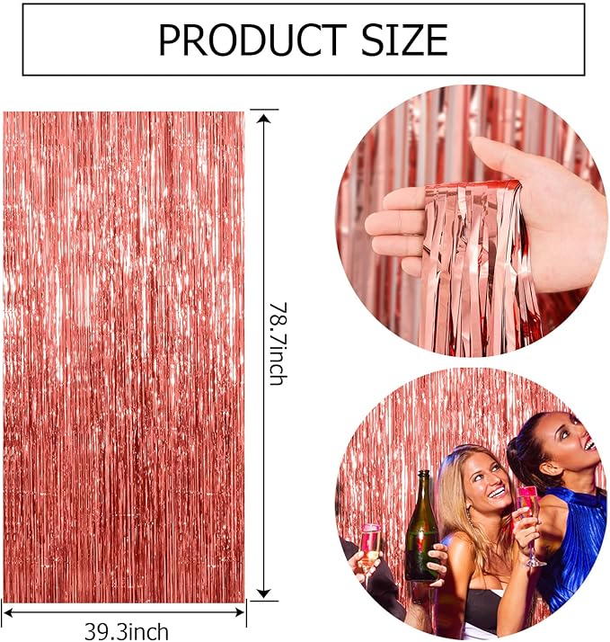 Rose Gold Party Decor 3 Pack - Bachelorette & Birthday Backdrop - Foil Fringe Tinsel Streamers - Christmas, Graduation & Baby Shower Party Decorations