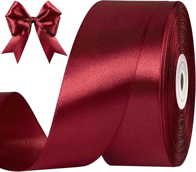 1-1/2 Inches 50 Yards Dark Wine Red Satin Ribbon, Solid Fabric Ribbon Roll for Flower Bouquets, Gift Wrapping, Wedding, Handmade Crafts