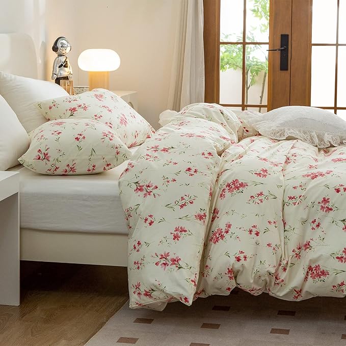 Comforter Set King Floral Soft Bedding Comforter 3 Pieces Lightweight Garden Style Red Flower Print Botanical Flowers Comforter Set 1 Comforter and 2 Pillowcases (Floral, King)