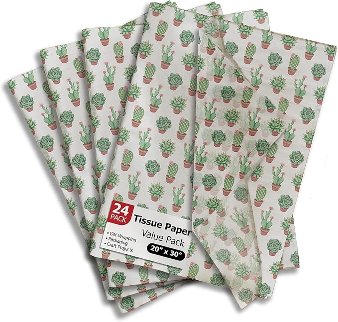 Succulent Printed Tissue Paper for Gift Bags or Boxes and Wrapping - Bulk Cactus Decorative Art Tissue Paper for Packaging and Gifting | 24 Sheets 20" x 30"