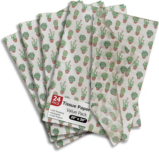 Succulent Printed Tissue Paper for Gift Bags or Boxes and Wrapping - Bulk Cactus Decorative Art Tissue Paper for Packaging and Gifting | 24 Sheets 20" x 30"