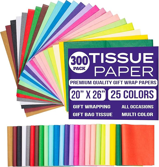 Gift Tissue Paper for Gift Bags - Tissue Paper Bulk | 25 Assorted Colors 300 Sheets 20x26 Inch | Premium Quality Bold Colored for Crafts, Wrapping, Packaging, Birthday, Holiday, Christmas