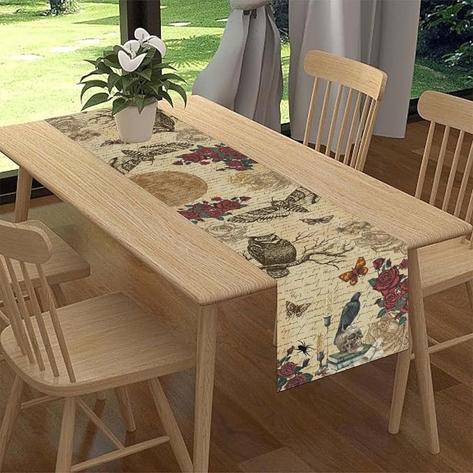 Gothic Floral Table Runner, Retro Dark Skull Moth Vintage Flower Halloween Day of Death Witchy Coffee Table Center Decor for Home Kitchen Dining Patio Holiday Party Table Decorations 13x36 inches