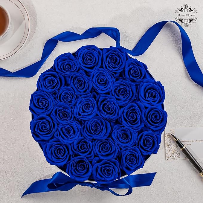 27 Forever Roses in Luxury White Box, Eternal Real Roses Gift for Women, Preserved Flowers for Delivery Prime, Anniversary, Valentine's Day, Birthday for Her (Blue)