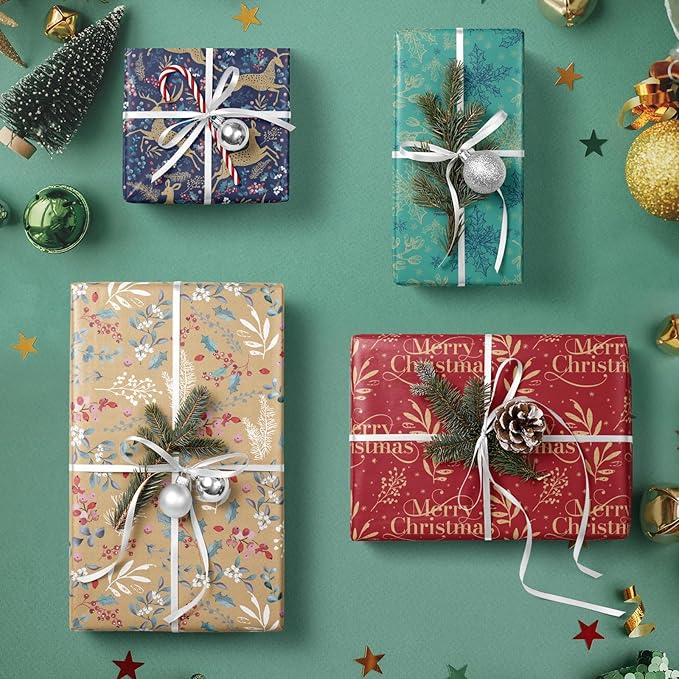 RUSPEPA Christmas Kraft Wrapping Paper - Reindeer, Berry Leaf and Text Design - 4 Rolls - 30 inches x 10 feet per Roll