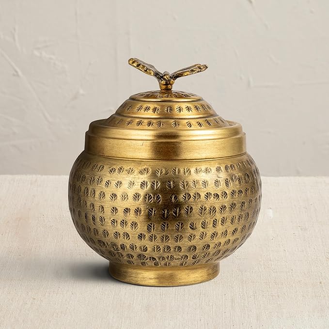 Round Hammered Metal Container with Butterfly Finial, Brass Finish