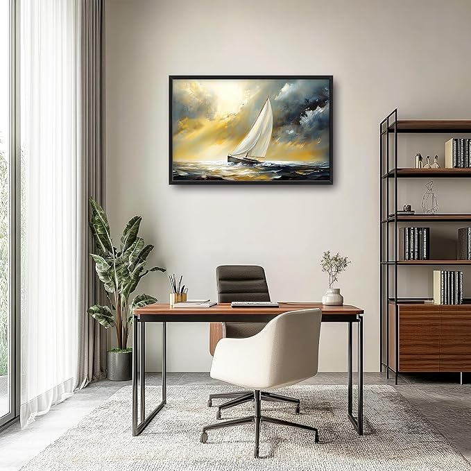 Ocean Sailboat Large Wall Art Framed Wall Decor for Living Room Abstract Boat Pictures Oversized Canvas Print Painting Modern Extra Large Artwork for Bedroom Office Home Decor 36"x24"