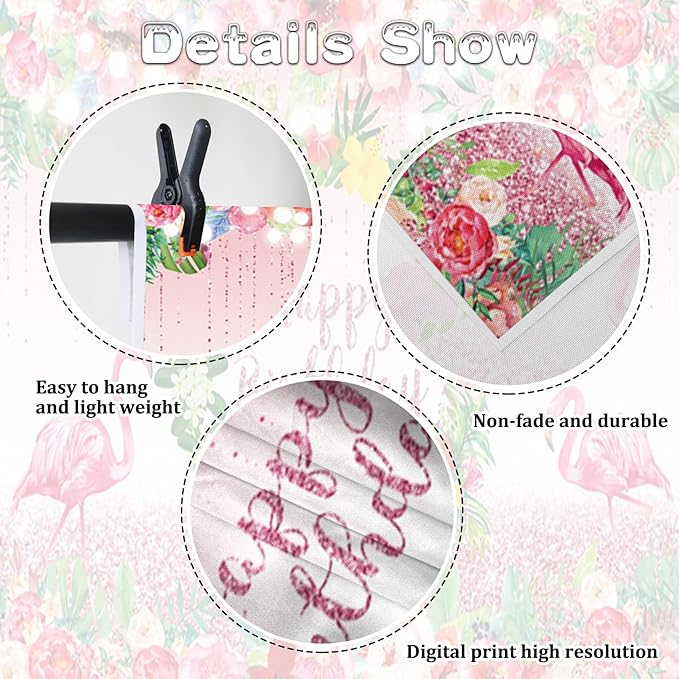 Renaiss 6x4ft Pink Flamingo Happy Birthday Backdrop Tropical Leaves Floral Hoop Winkle Hawaiian Photography Background Luau Aloha Party Decor Girls Birthday Photo Props Dessert Gift Table Banner