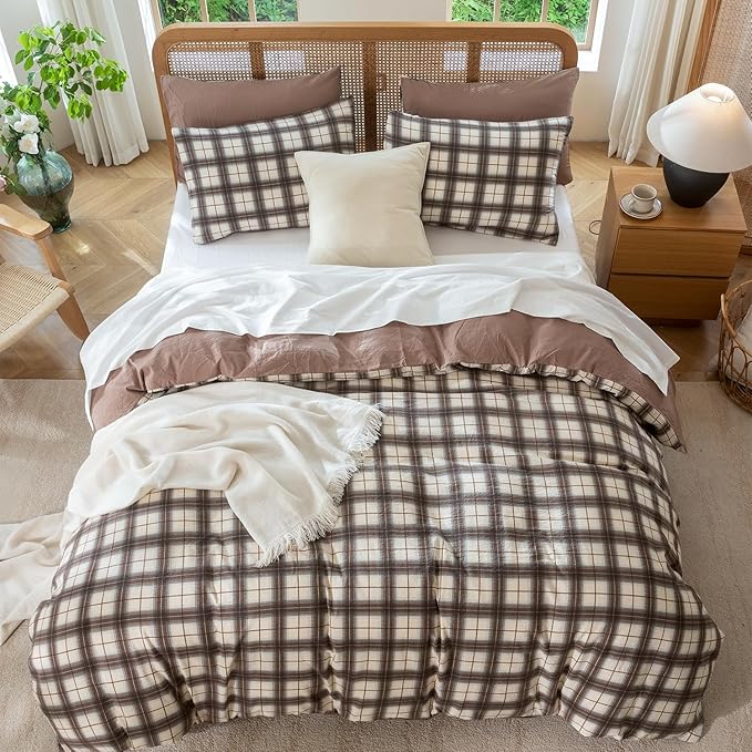 Comforter Set King Plaid 3 Pieces Soft Crinkle Gauze Fabric Plaid Bedding, Vintage Style Checkered Gingham Comforter Set for All Seasons Luxury Warmth Comfy Breathable with 2 Pillowcases