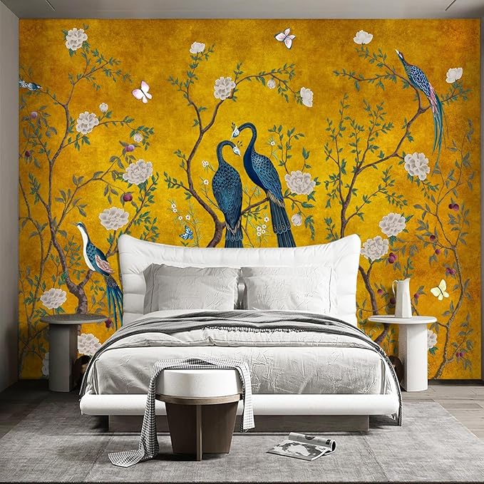Golden Chinese Style Flowers Birds Large Wall murals Peel and Stick Wallpaper for Bedroom Living Room - 96"x137"