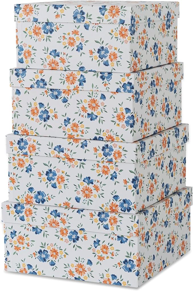 Soul & Lane Decorative Square Boxes with Lids - Set of 4 - Harvest Bloom, Floral Cardboard Memory and Keepsake Boxes, Photo Storage for Organizing and Home Décor