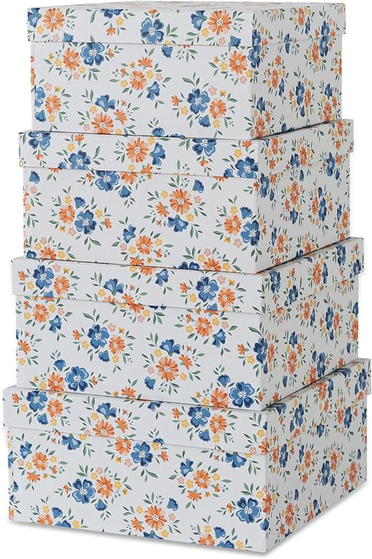 Soul & Lane Decorative Square Boxes with Lids - Set of 4 - Harvest Bloom, Floral Cardboard Memory and Keepsake Boxes, Photo Storage for Organizing and Home Décor