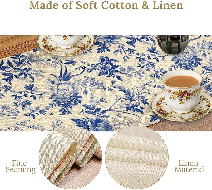 Vintage Blue Floral Table Runner, Retro Country Flowers Botanical Design Table Runner for Kitchen Dining Home Party Outdoor Indoor Decor, 13x108 Inch