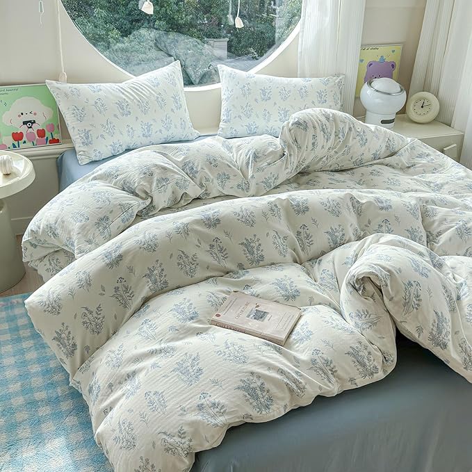 LifeTB Muslin Duvet Cover Set King Vintage Botanical Floral Duvet Cover 100% Cotton Linen Feel Flower Bedding Set Super Soft Gauze Comforter Cover Breathable Lightweight Cottagecore Bedding Set