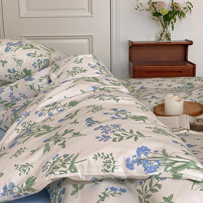 HighBuy Girl Blue Floral Comforter Set Twin XL Size White Comforter Sets Botanical Coquette Bedding Comforter Twin XL with 2 Pillowcases Garden Style Floral Bedding Comforter Set