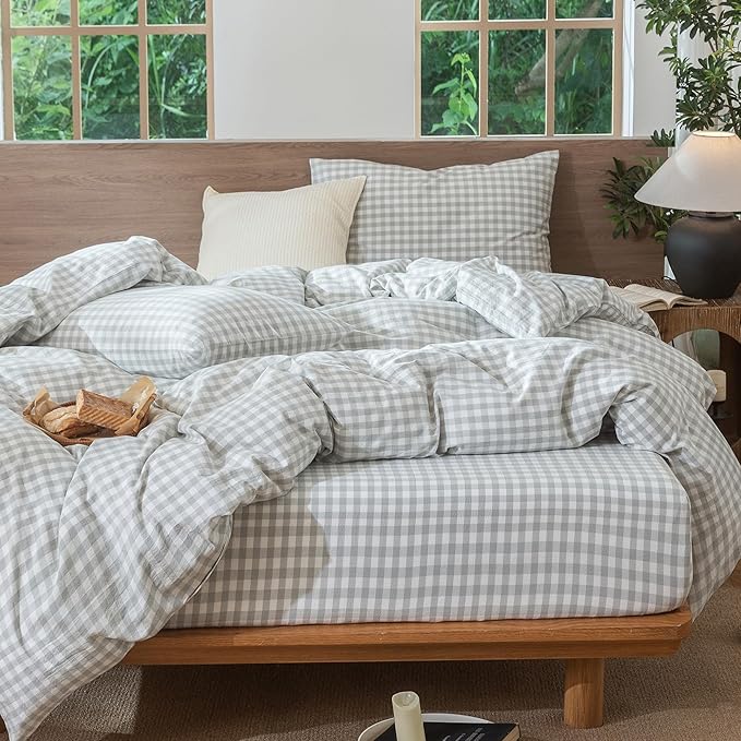 MooMee Gingham Duvet Cover Set 100% Washed Cotton Linen Like Textured Breathable Durable Soft Comfy Modern Checkered Design (Northern Droplet Grey Gingham, Cal King 104"x98")