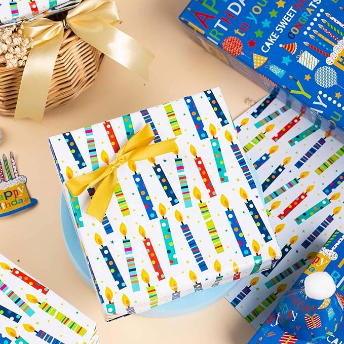 Homeral Blue Birthday Wrapping Paper Roll - 17 Inch x 16.5 Feet, Reversible Happy Birthday Lettering & Colorful Candles Gift wrapping paper for Boy Baby Shower, Party, Holiday