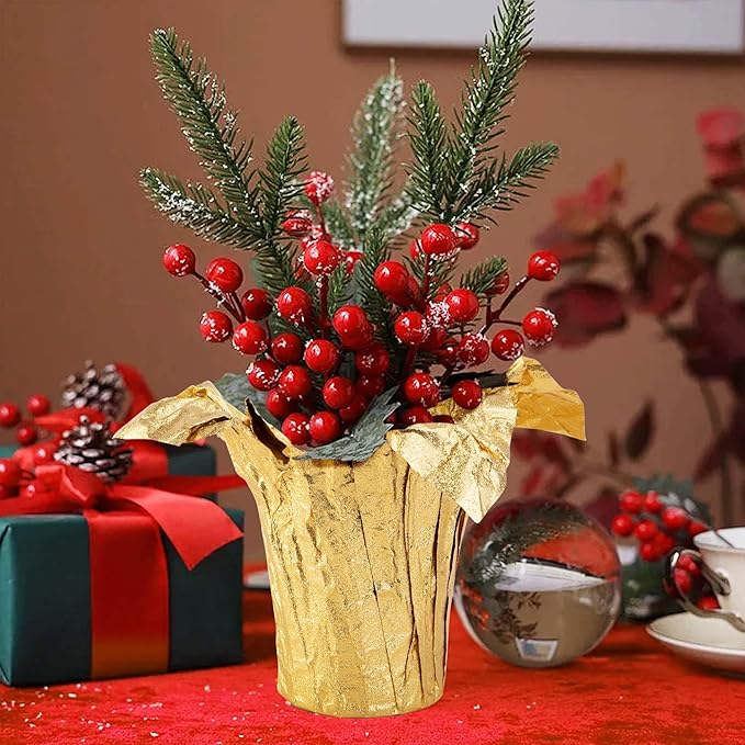 Iceyyyy 2 Roll 10 Yard Christmas Plant Pot Floral Foil, Matte Texture Floral Foil Plant Pot Covers, Golden Florals Foils Wrapping Paper for Home Garden Pots Vases DIY Decoration