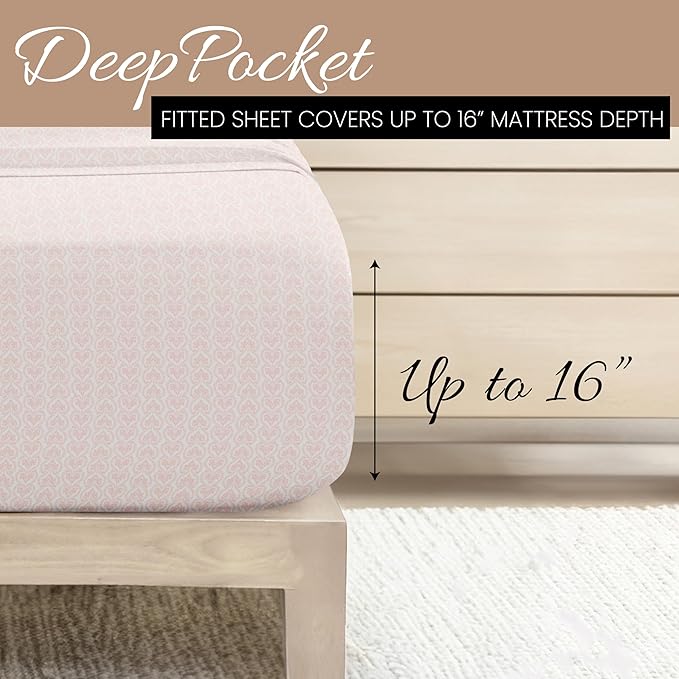 Linen Market Patterned Microfiber King Sheet Set 4 Piece – Oeko-TEX Certified Ultra Soft & Wrinkle-Free - 16" Deep Pocket Sheets - Easy Care King Size - Classic in Pink