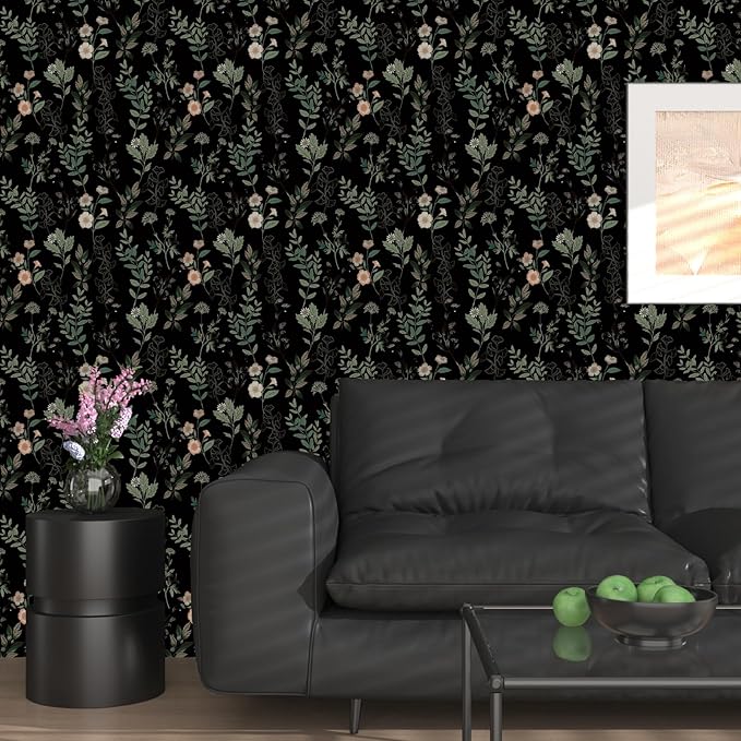 Black Green Floral Wallpaper 17.4" x 394", Dark Green Leaf Contact Paper Peel and Stick Wallpapers Waterproof Self-Adhesive Wall Covering for Bedroom Countertop Desk Cabinets Decor