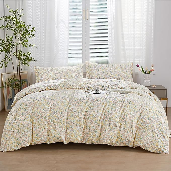SAPHREAS King Orange Iris Floral Duvet Cover Botanical Floral Leaves Pattern Comforter Set Cute Bear Duvet Cover Lightweight Soft Microfiber 3pcs 1 Duvet Cover 2 Pillow Shams