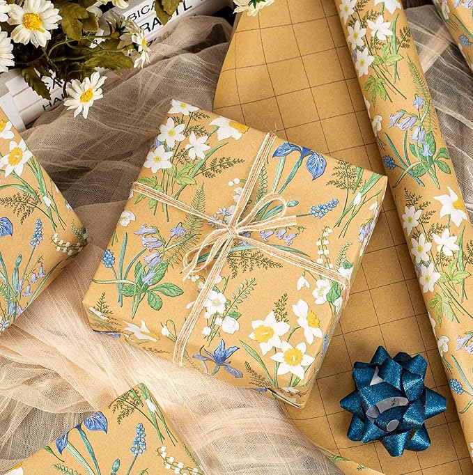 MAYPLUSS Kraft Floral Wrapping Paper - 17Inch x 16.5Feet - Elegant Meadow Gift Wrap Boho Garden Watercolor Flower Gift Wrapping Paper for Birthday, Wedding, Mothers Day, Bridal Shower, Engagement