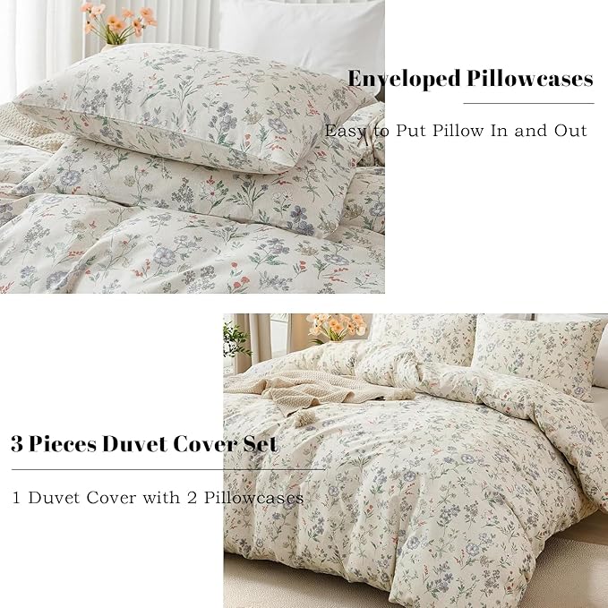 EAVD Vintage Garden Floral Duvet Cover King Soft 100% Cotton Chic Spring Leaves Floral Bedding Set with 2 Pillowcases Fresh Reversible Botanical Comforter Cover with Zipper Closure