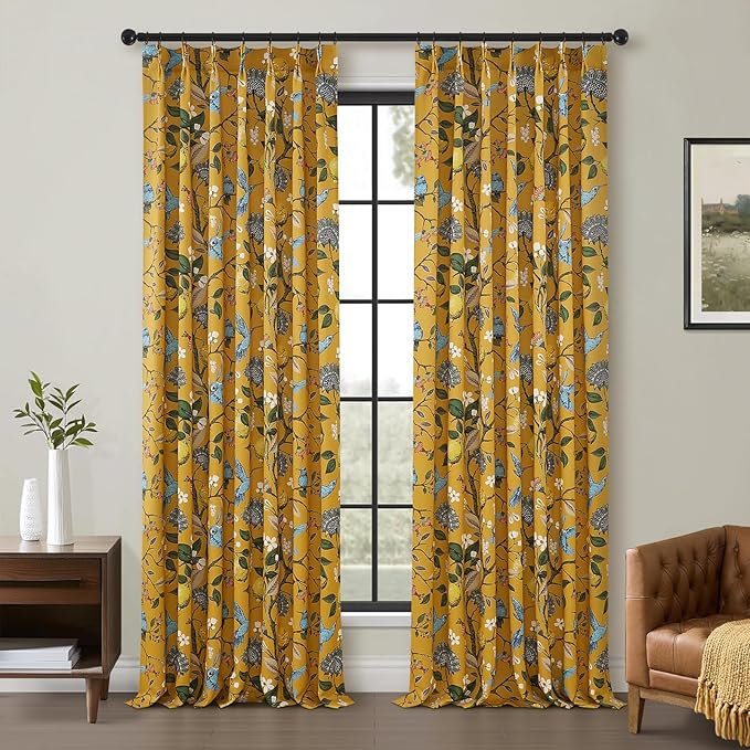 Floral Pattern Curtains for Living Room 72 Inches Long Luxury Whimsical Mustard Yellow Lemon Design Hummingbird Colorful Pinch Pleated Blackout Drapes for Bedroom Dining Room 2 Panels