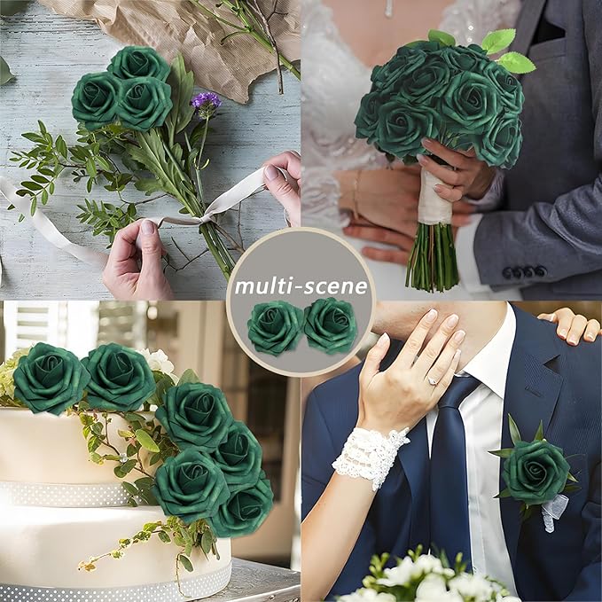 200Pcs Peacock Green Artificial Flowers Roses Real Looking Foam Fake Roses with Leaves for DIY Wedding Bouquets Bridal Shower Party Decorations (Peacock Green, 200)