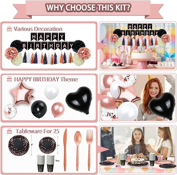 295 Pcs Black And Rose Gold Birthday Decorations, Birthday Decorations for Women or Girl Kit- Disposable Dinnerware Set with 25 Guest, Balloons, Sash, Tiara, Banner, Paper Pom Poms