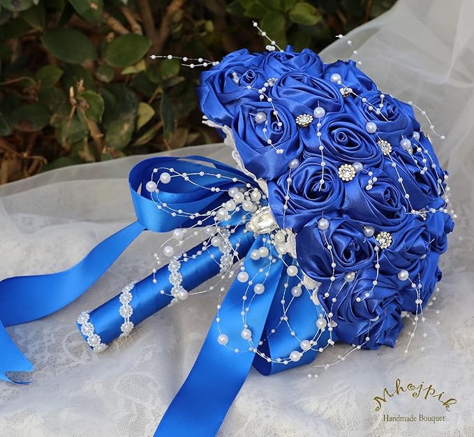 Bridal Wedding Bouquet Round Bling Brooch Bouquet Throw Toss Artificial Rose Flower Bunch for Bride Bridesmaid Wedding Quinceanera(Royal Blue, 8.7")
