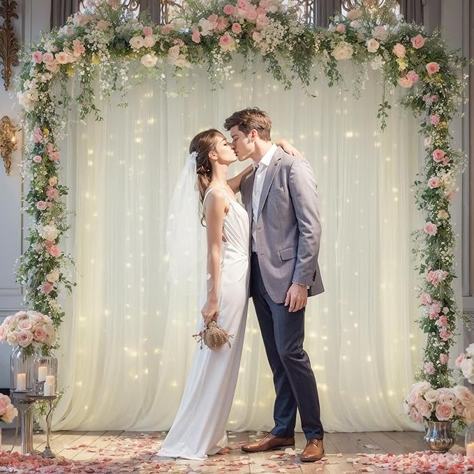 20x10ft Ivory Tulle Backdrop Curtain with Lights String for Parites, Sheer Backdrop Curtains for Wedding Baby Shower Birthday Party Photo Shoot Decorations