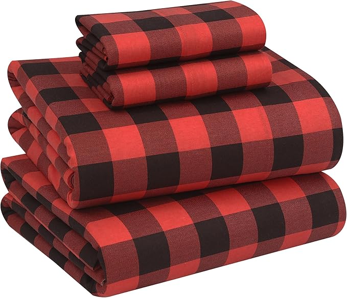 RUVANTI Flannel Sheets Full Size - 100% Cotton Double Brushed Bed Sheets Set, Deep Pockets 16 Inches, All Seasons Breathable & Extra Soft Full Sheets, Warm & Cozy, 4 Piece, Red & Black Plaid