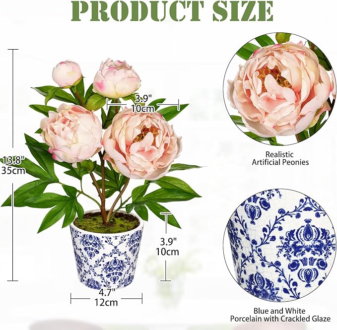 Briful Faux Peony Flowers in Blue and White Ceramic Pot – 13.8" Realistic Silk Peonies Artificial Peony Floral Arrangement Fake Potted Peony Flowers for Home Office Room Desk Shelf Decor(Pale Pink)
