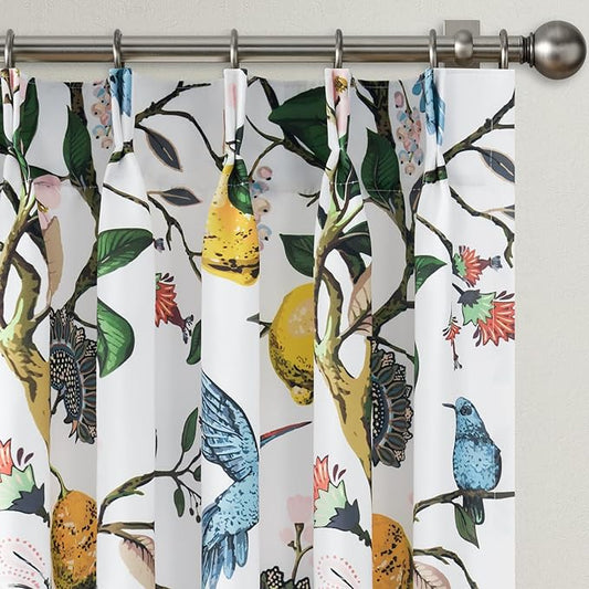 Boho Floral Curtains for Bedroom 63 inch Long 2 Panels Mid Century Botanical Aesthetic Pinch Pleated Drapes,Flower Lemon Bird Printed Thermal Insulated Room Darkening Window Drapes