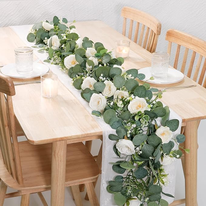 TOCHGREEN 4 Pack Artificial Eucalyptus Flower Garland with White Roses, Fake Rose Flower Greenery Garland Floral Vines for Wedding Home Party Table Runner Decor (4PCS, White)