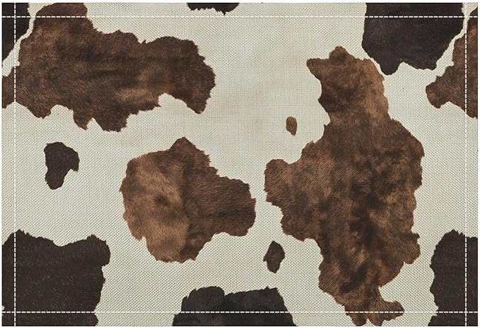 Cow Print Placemats Set of 4 Western Rustic Farmhouse Animal Fur Print Art Printed Dining Table Mats for Restaurant Home Kitchen Holiday Decor 12x18in