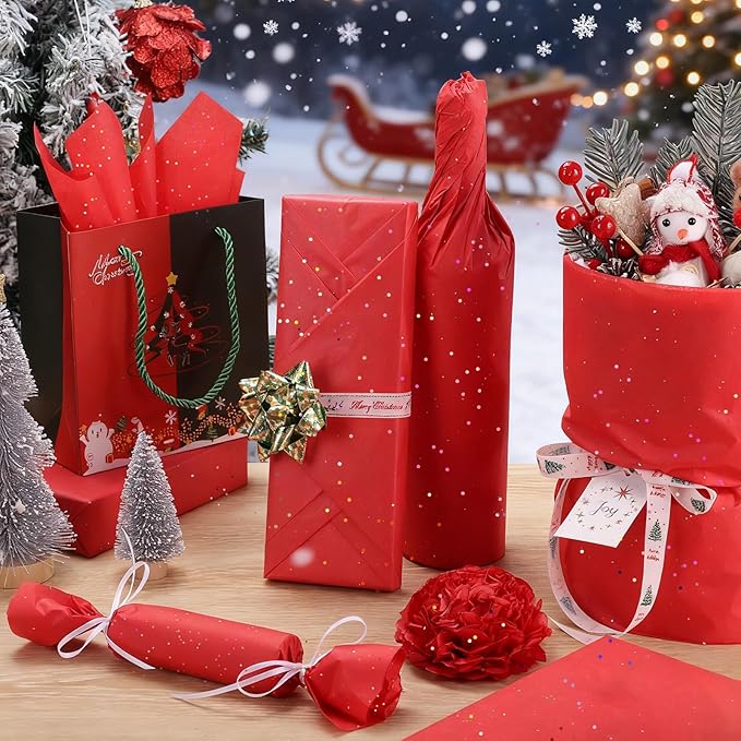 135 Sheets Glitter Tissue Paper for Gift Bags 20 x 14 Inch Red Tissue Paper with Sparkle for Christmas Wedding Birthday Holiday Decor Art DIY Crafts