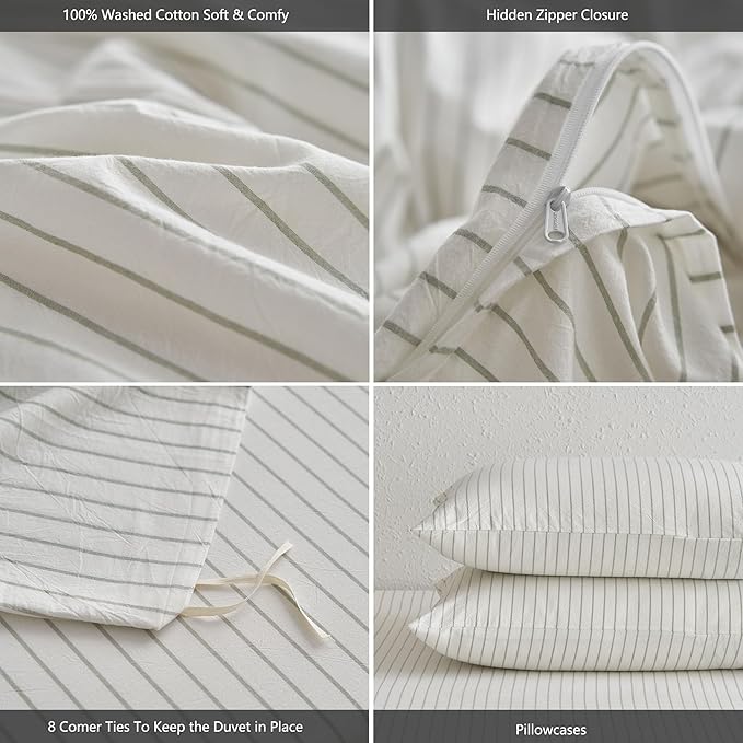 MooMee Striped Duvet Cover Set 100% Washed Cotton Linen Like Textured Breathable Durable Soft Comfy (White Sage Green Wide Stripes, Twin 68"x90")