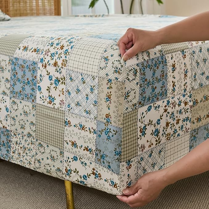 Shabby Chic Floral Patchwork Sheets Set Queen Size, Crisp Cooling Sheets with a Smooth Cotton Percale Lightweight Feel, 4 Pieces Luxury Soft Deep Pocket Fitted Sheet 17.5''