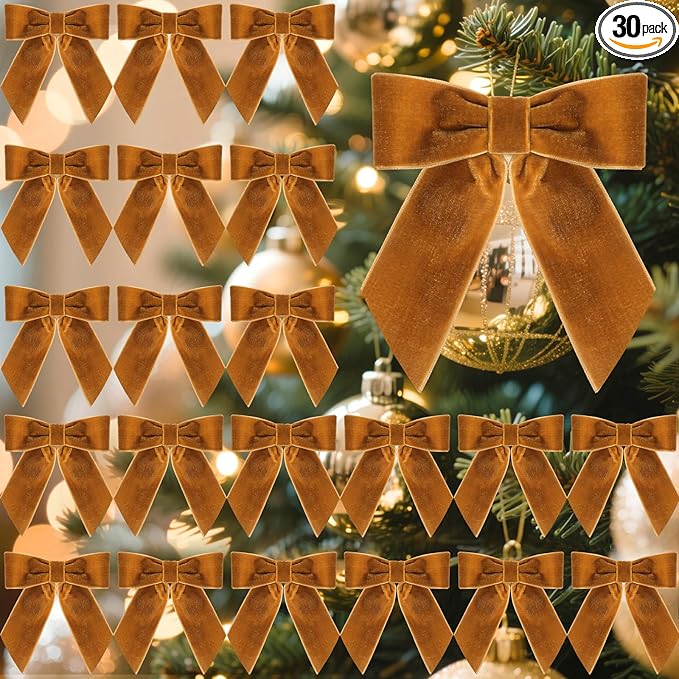 30 Pcs Velvet Ribbon Bows 5" x 4" Pre Tied Christmas Velvet Bows with Twist Tie for Gift Packaging Christmas Tree Wreaths Door Windows Wedding Party Decoration(Camel)